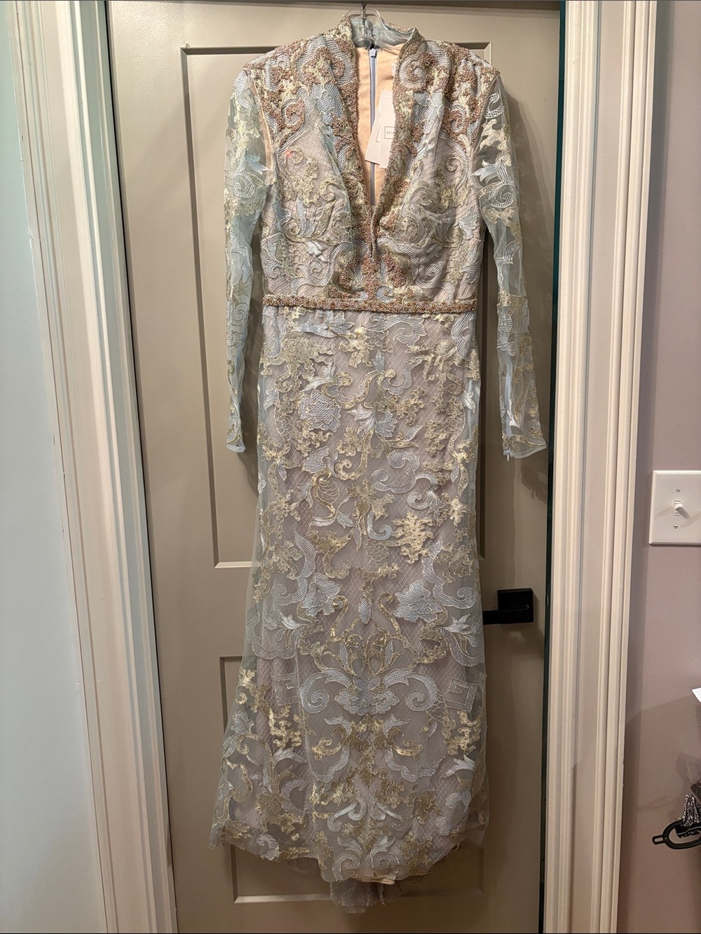 Mac Duggal Pale Blue Lace Gown with Gold Embroidery
